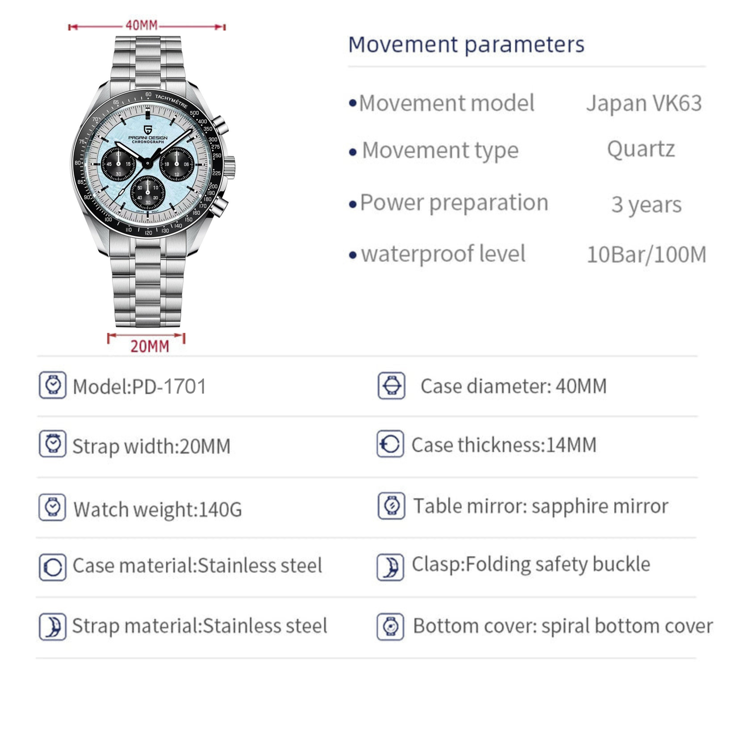 Pagani Design PD-1701 40mm Mens  Waterproof  Watch with Seiko VK-63 Movement (Speedmaster) - Blue V4