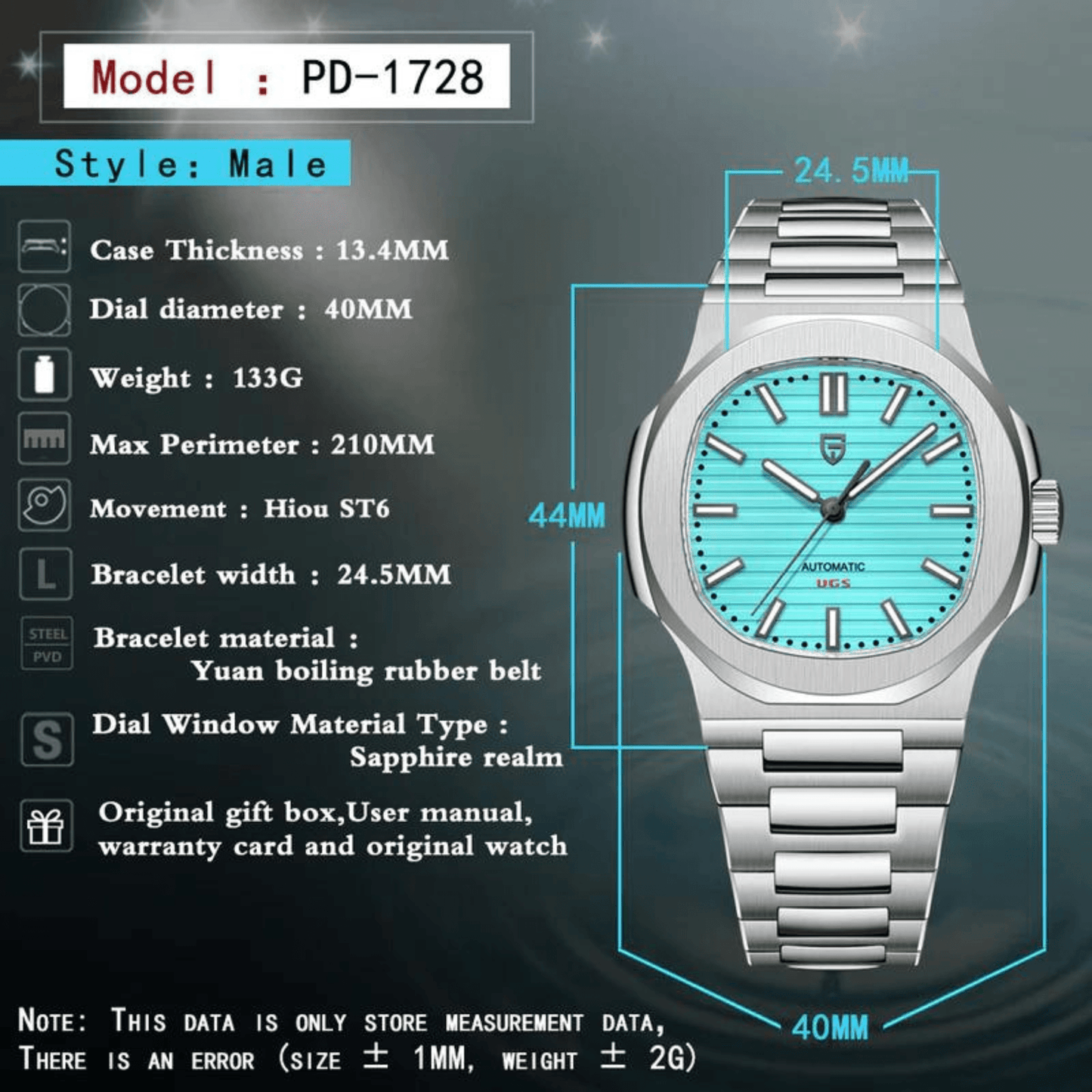 Pagani Design PD-1728 Nautilus Homage Automatic Movement (ST6) | Stainless Steel Dial Men's 40MM Watch | Tiffany Blue Dial