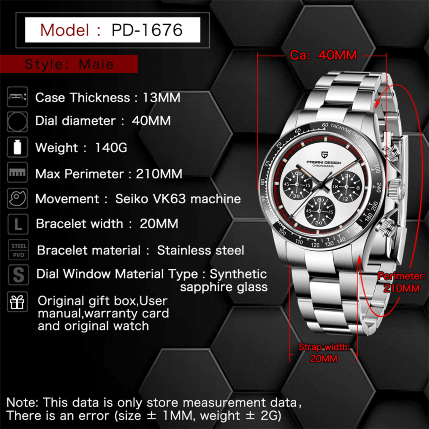 Pagani Design PD-1676 Paul Newman Chronograph Luxury Waterproof Movement (Japanese VK63) | Stainless Steel Men's 40MM Watch - White Dial