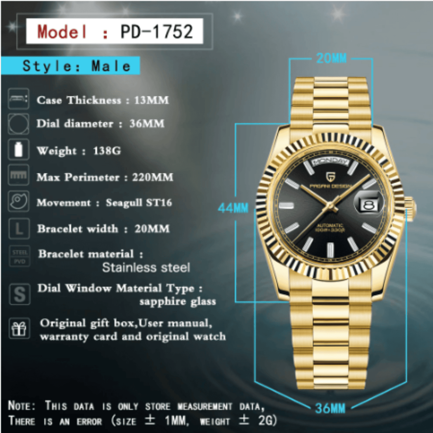 Pagani Design PD-1752 Presidential Day-Date Homage Automatic Movement (ST-16) | Stainless Steel Dial Men's 36 MM Watch | Black Dial - Golden