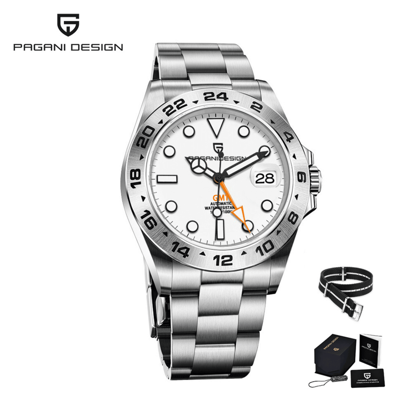 Pagani Design PD-1762 Seiko NH34 Movement equipped with AR AF Anti-Radiation Coating Automatic Watch Stainless Steel Men's (GMT Explorer II - White)