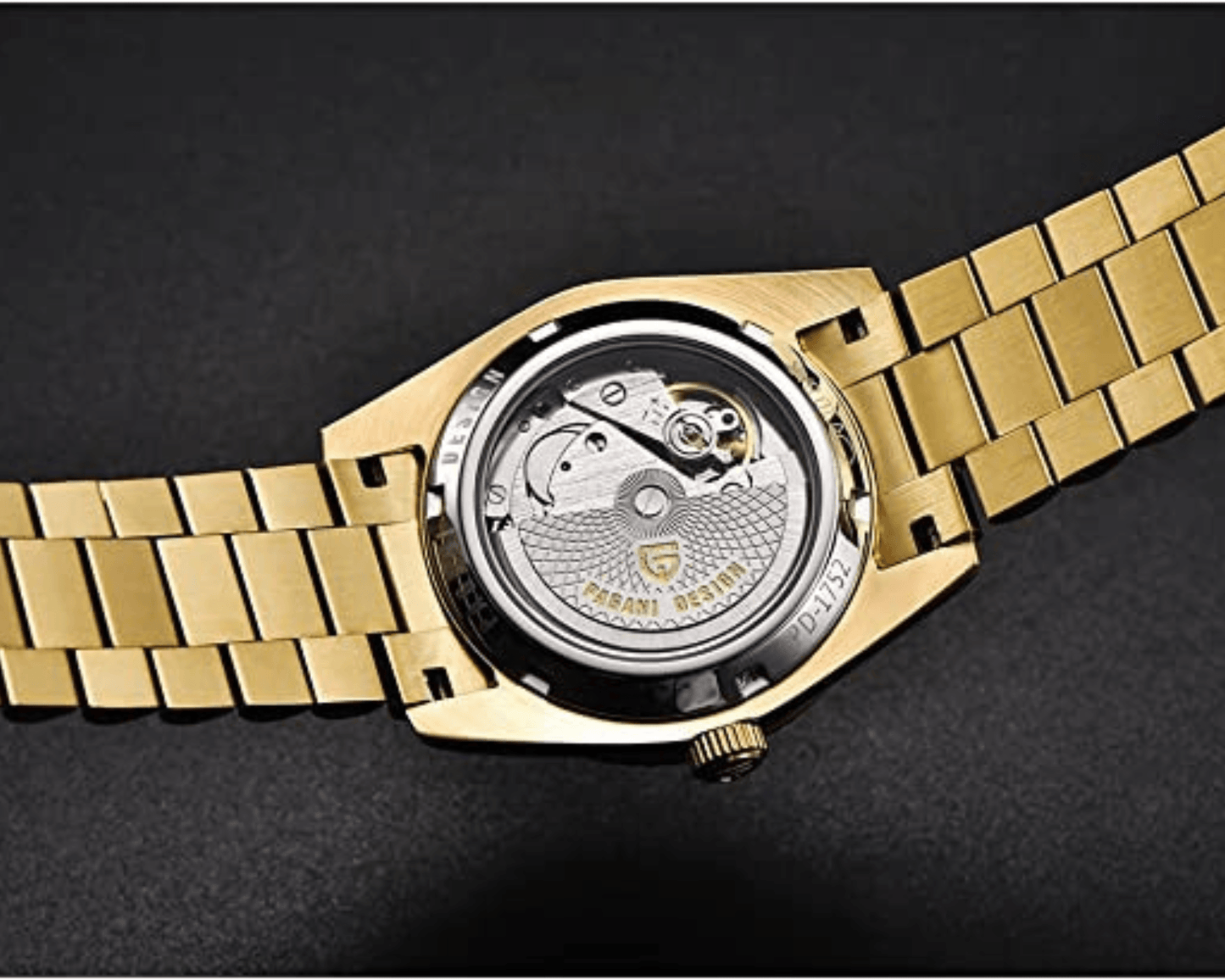 Pagani Design PD-1752 Presidential Day-Date Homage Automatic Movement (ST-16) | Stainless Steel Dial Men's 36 MM Watch | Black Dial - Golden