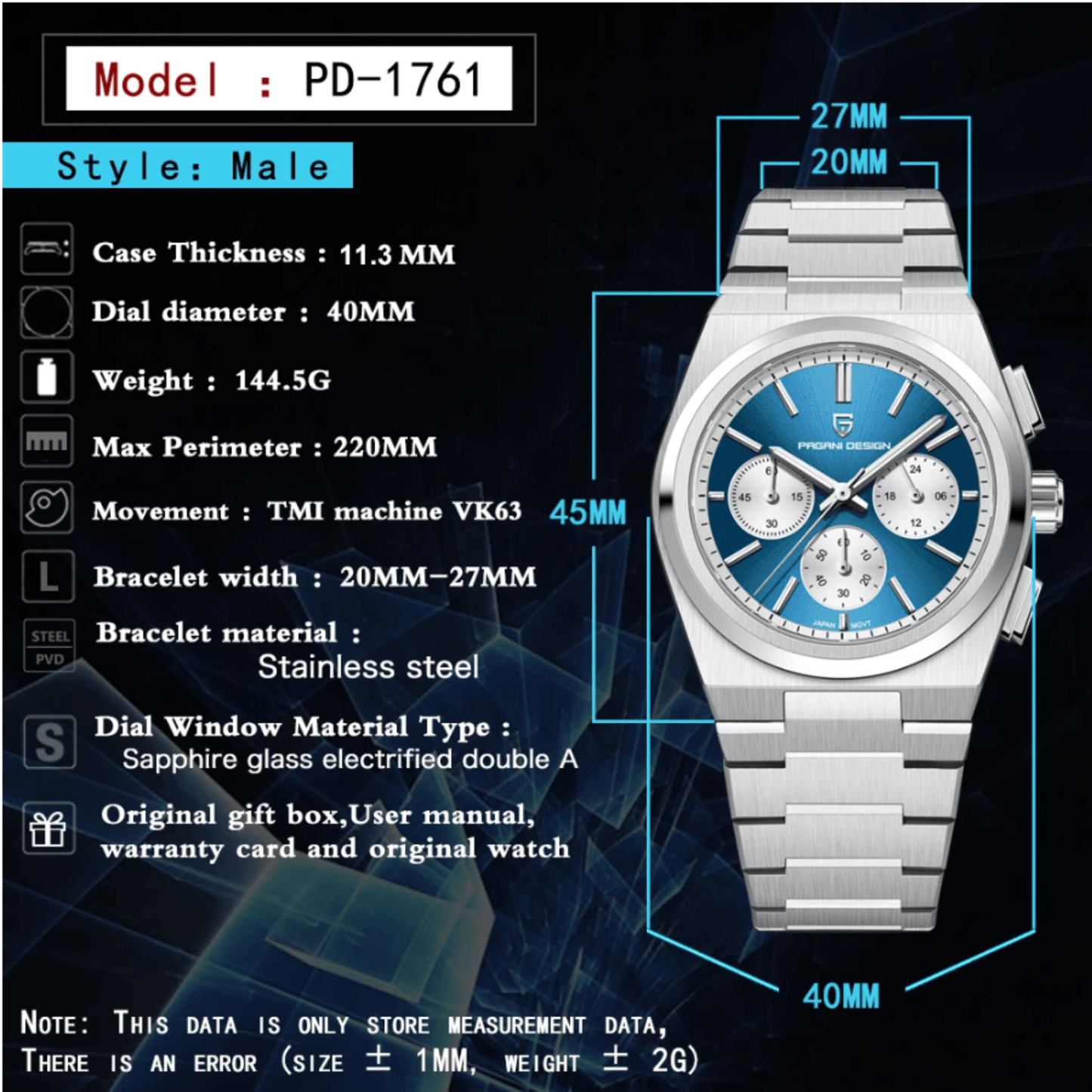 Pagani Design PD-1761 Chronograph Luxury Waterproof Movement (Japanese VK63) | Stainless Steel Men's 40MM Watch