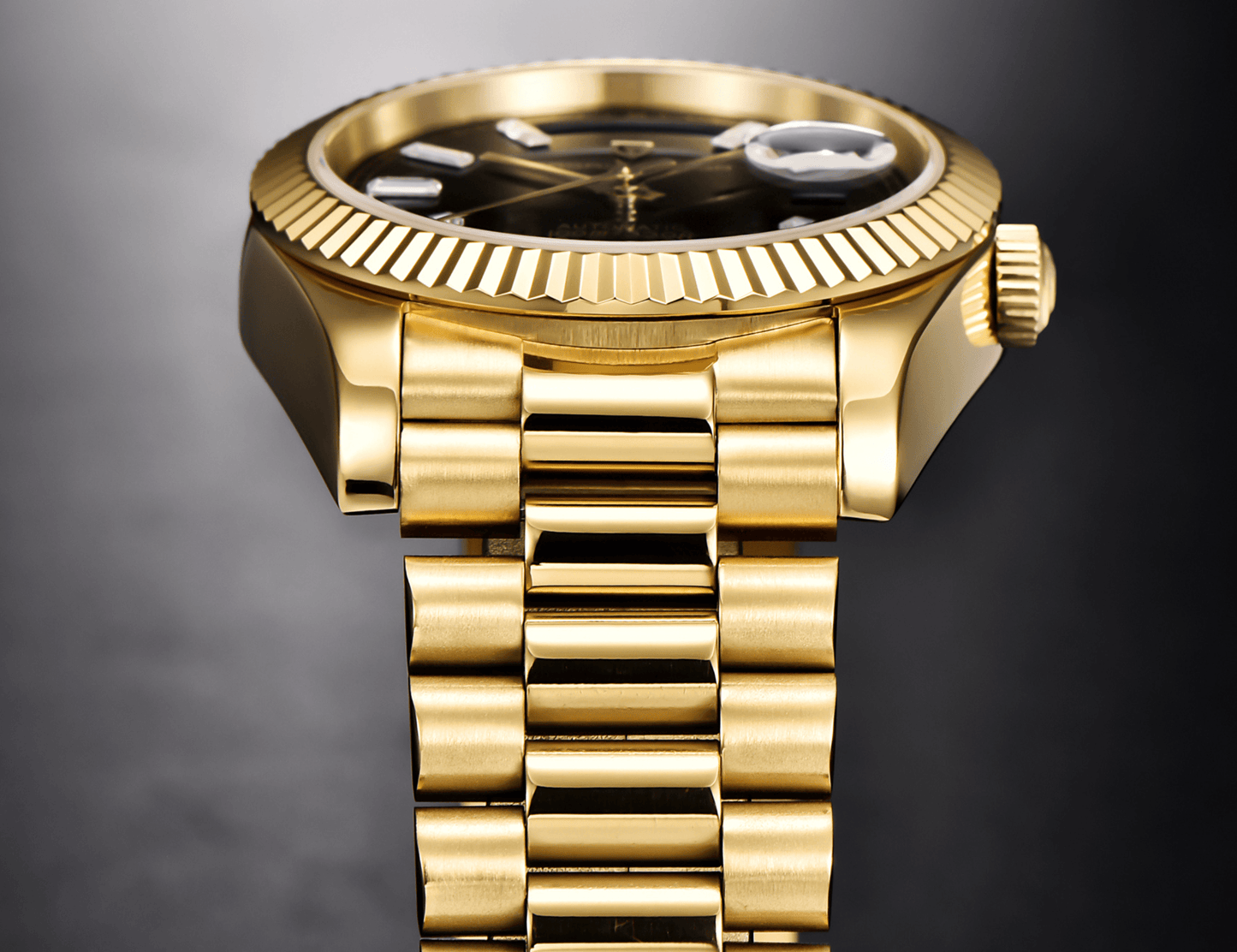 Pagani Design PD-1752 Presidential Day-Date Homage Automatic Movement (ST-16) | Stainless Steel Dial Men's 36 MM Watch | Black Dial - Golden