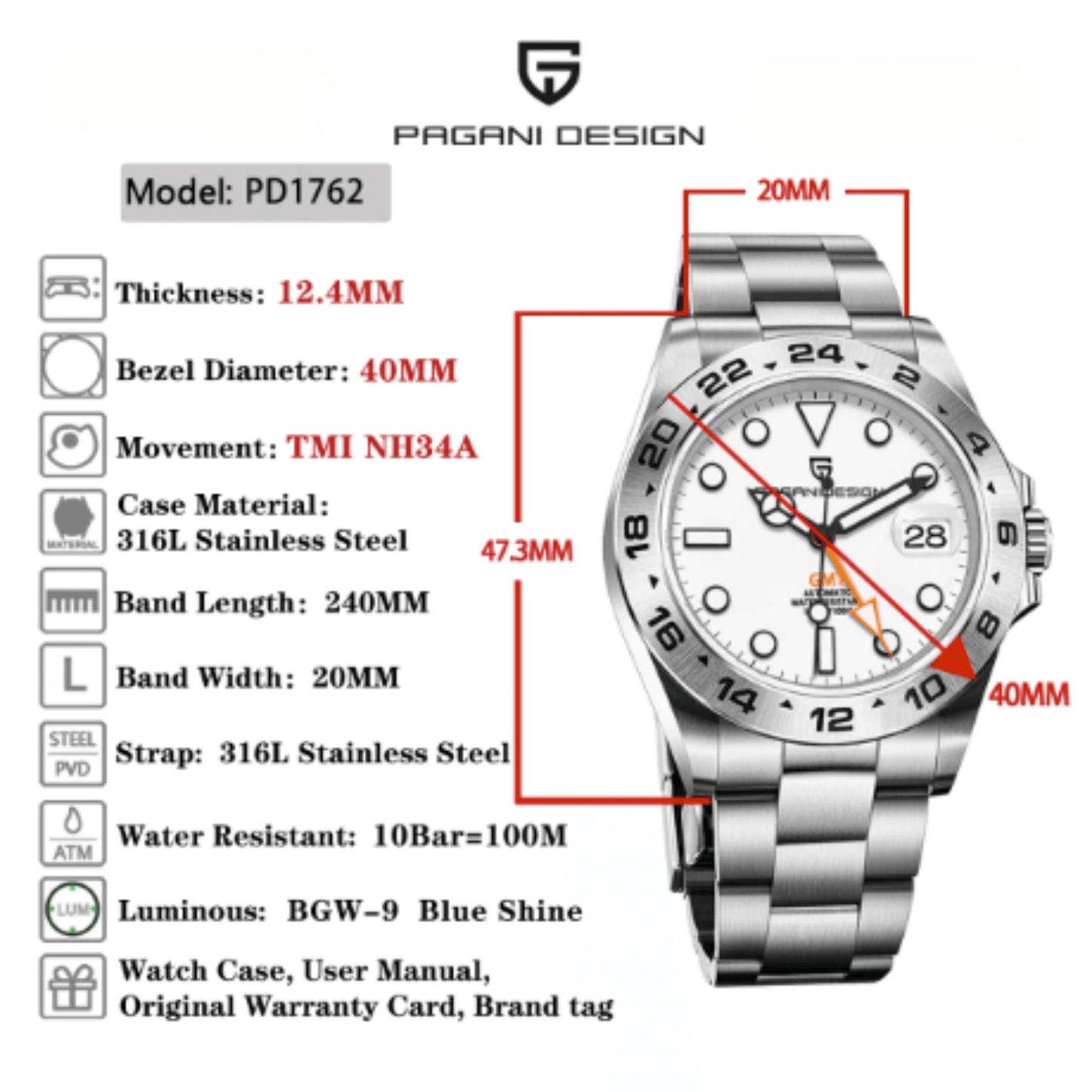 Pagani Design PD-1762 Seiko NH34 Movement equipped with AR AF Anti-Radiation Coating Automatic Watch Stainless Steel Men's (GMT Explorer II - White)