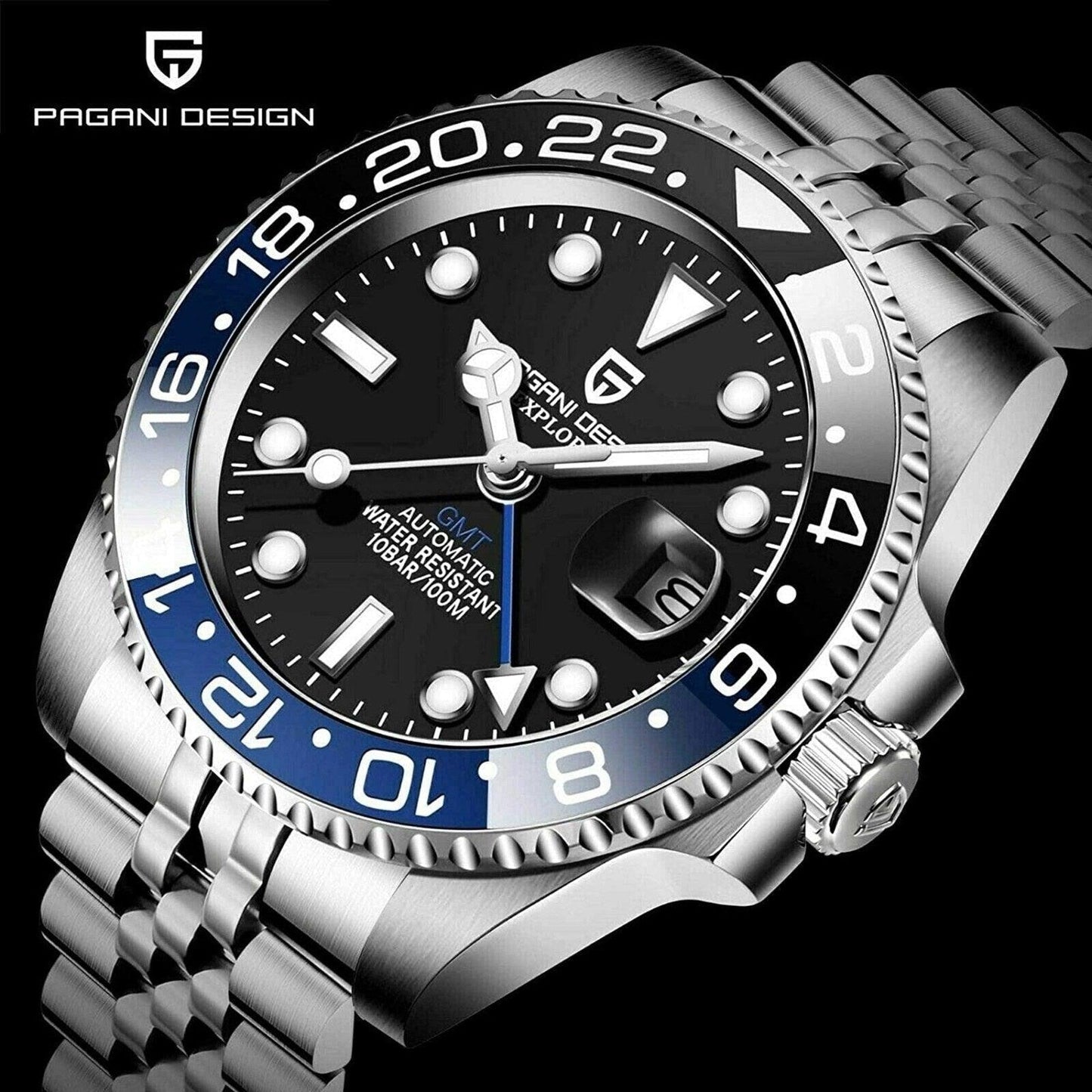 Pagani Design Mechanical Automatic Watch Stainless Steel Men's (Batman) 40MM Watch with Jubilee Bracelet