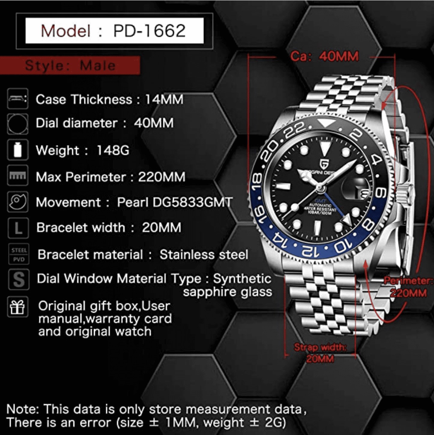 Pagani Design Mechanical Automatic Watch Stainless Steel Men's (Batman) 40MM Watch with Jubilee Bracelet