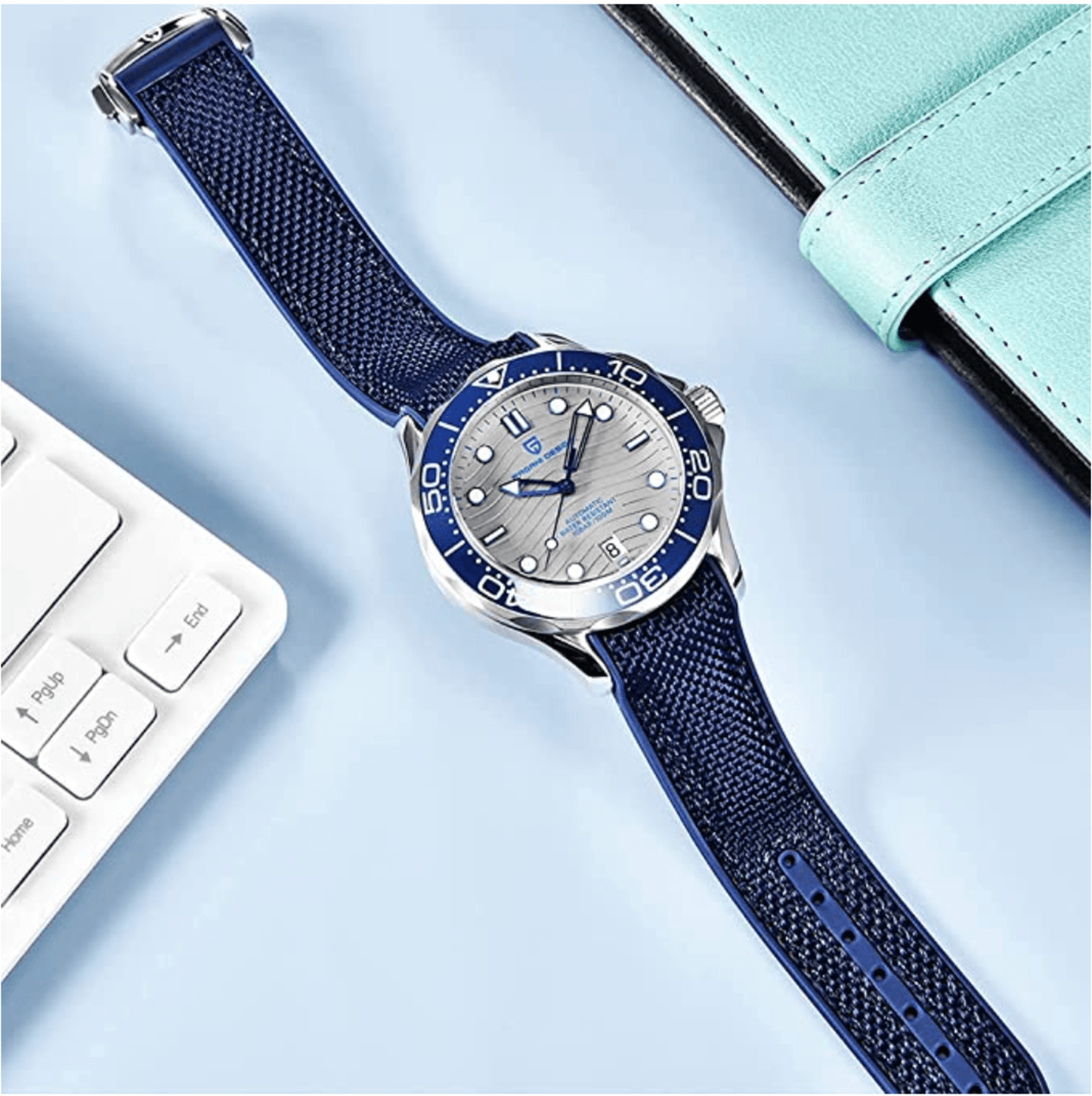 Pagani Design PD-1685 42MM (Japanese NH-35 Automatic Movement) Mechanical Watch 100M Waterproof Dive Watch Sapphire Stainless Steel Bracelet Watch Seamaster (Nylon Style Folding Clasp)