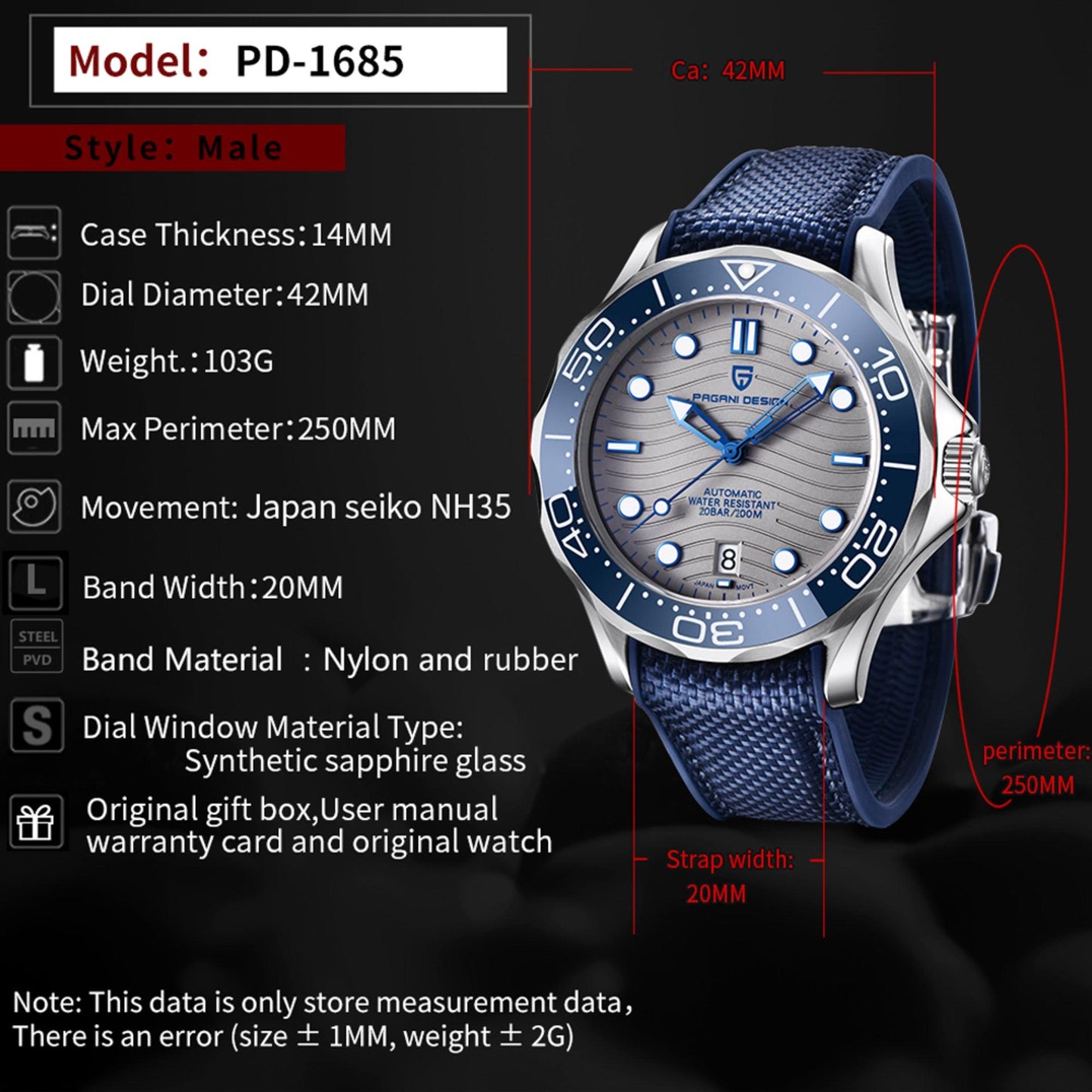 Pagani Design PD-1685 42MM (Japanese NH-35 Automatic Movement) Mechanical Watch 100M Waterproof Dive Watch Sapphire Stainless Steel Bracelet Watch Seamaster (Nylon Style Folding Clasp)