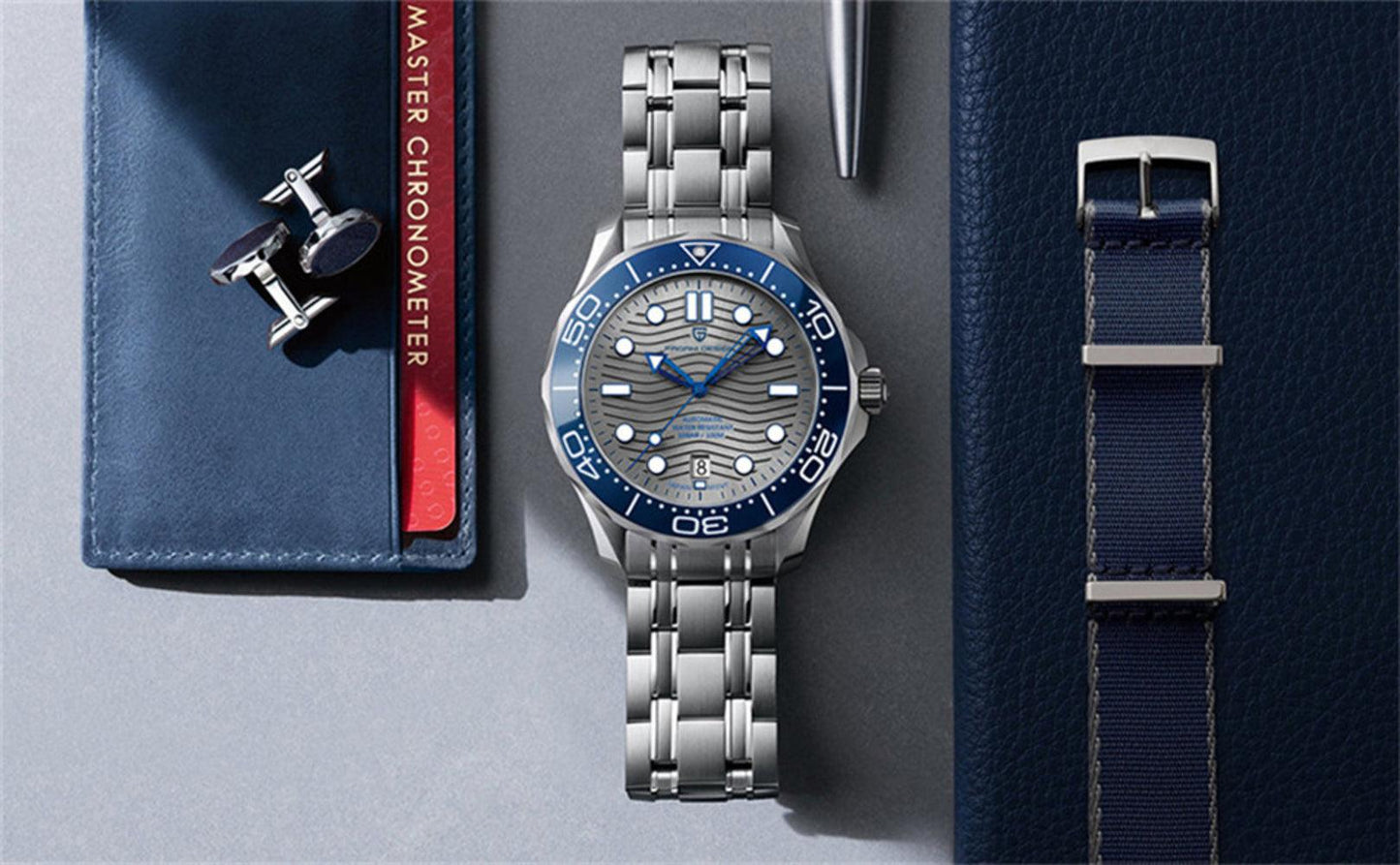 Pagani Design PD-1685 42MM (Japanese NH-35 Automatic Movement) Mechanical Watch 100M Waterproof Dive Watch Sapphire Stainless Steel Bracelet Watch Seamaster (Nylon Style Folding Clasp)