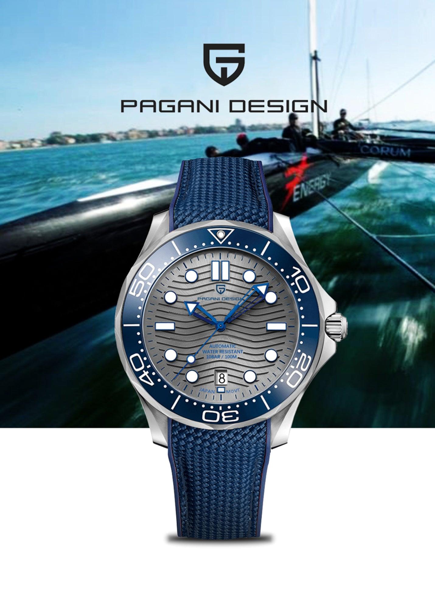 Pagani Design PD-1685 42MM (Japanese NH-35 Automatic Movement) Mechanical Watch 100M Waterproof Dive Watch Sapphire Stainless Steel Bracelet Watch Seamaster (Nylon Style Folding Clasp)