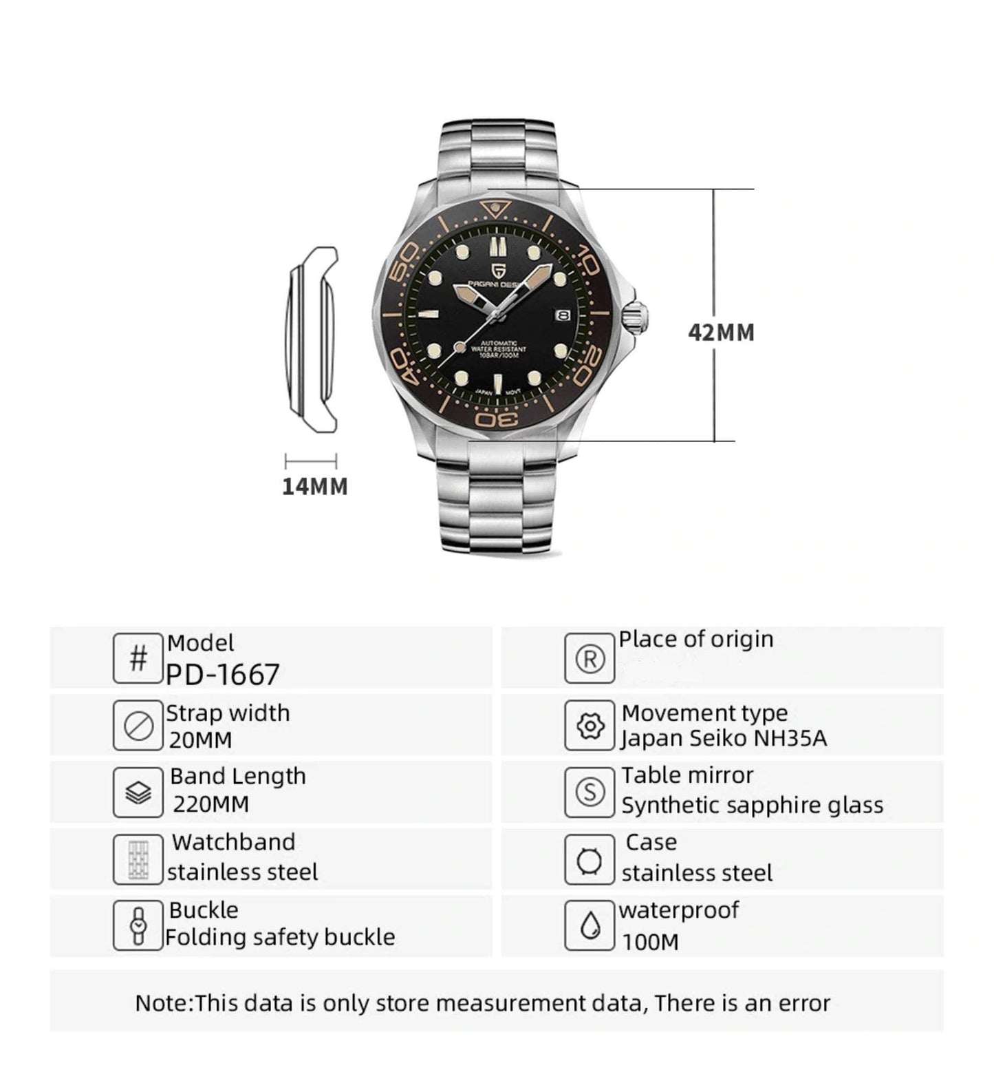 Pagani Design PD-1667 40mm Mens Automatic Waterproof Mechanical Watch with (Japanese NH-35 Movement) 007 Seamaster Hommage
