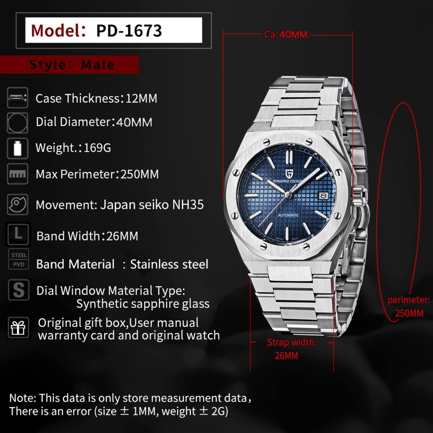 Pagani Design PD-1673 Royal Oak Men's 40mm NH35A Automatic Mechanical Watch 100M Waterproof Sapphire Crystal Stainless Steel Luminous Watch