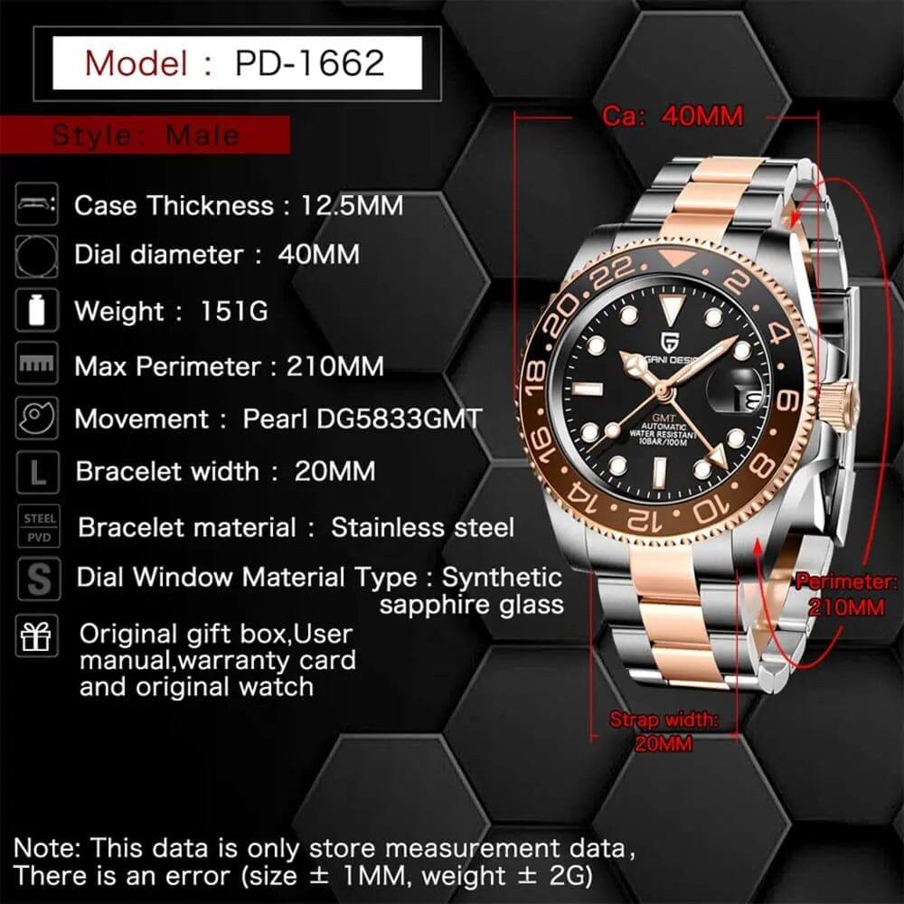 Pagani Design PD-1662 Waterproof Mechanical Automatic Watch Stainless Steel Men's 40MM Watch (Rootbeer)