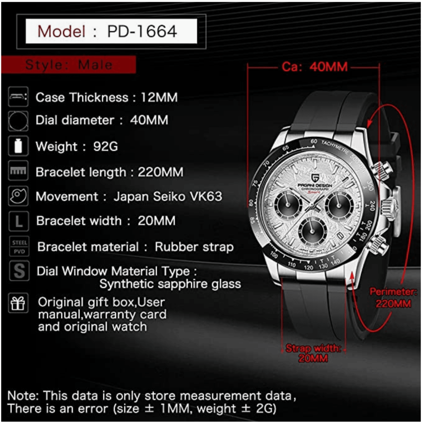 Pagani Design PD-1664 | Luxury | Meca-quartz  Movement (SeikoVK63) | Stainless Steel Men's 40MM Watch (Meteorite Dial)