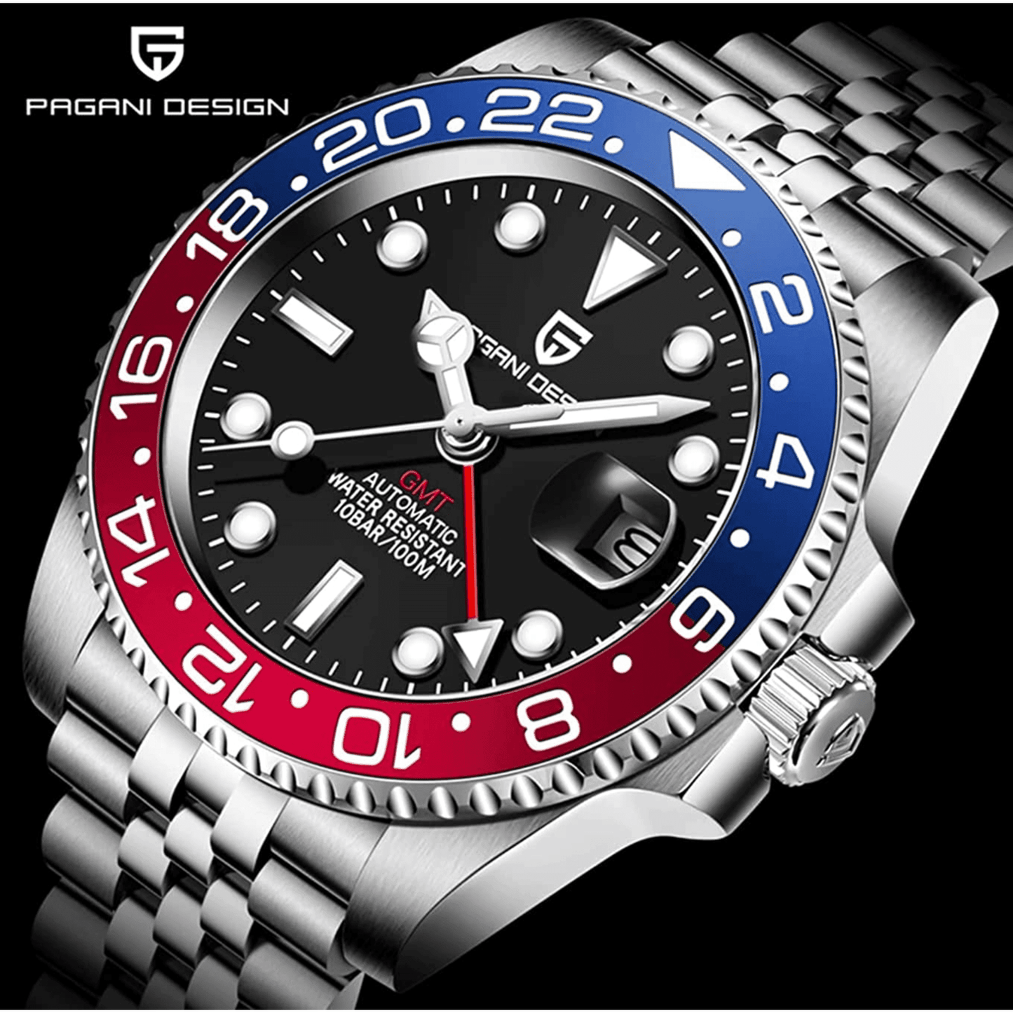 Pagani Design PD-1662 Seiko NH34 Movement equipped with AR AF Anti-Radiation Coating Automatic Watch Stainless Steel Men's (Pepsi - Jubilee Bracelet)