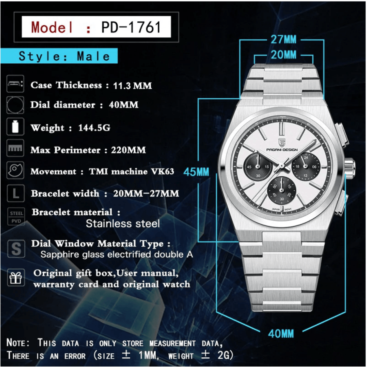 Pagani Design PD-1761 Chronograph Luxury Waterproof Movement (Japanese VK63) | Stainless Steel Men's 40MM Watch