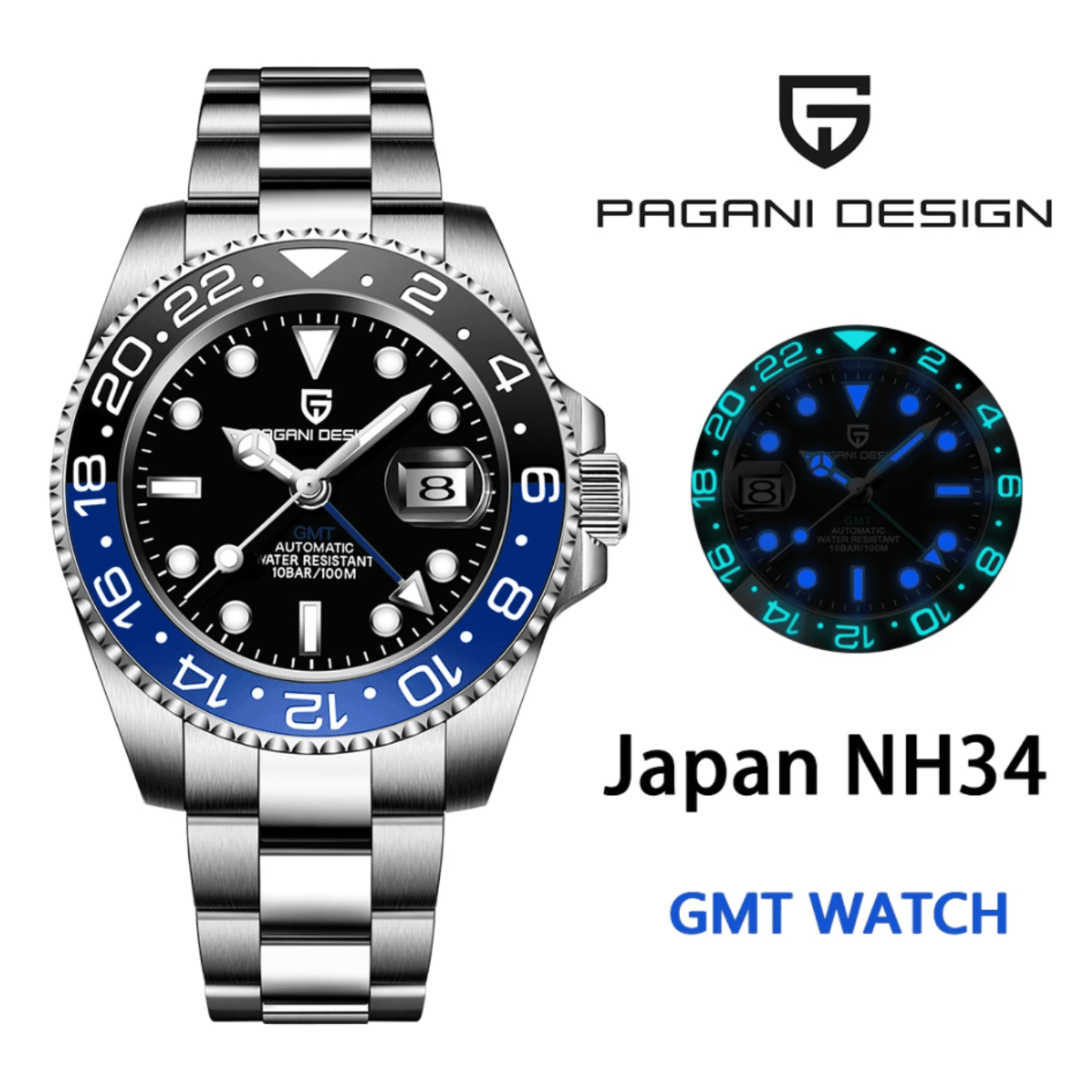 Pagani Design PD-1662 Seiko NH34 Movement equipped with AR AF Anti-Radiation Coating Automatic Watch Stainless Steel Men's (Pepsi - Jubilee Bracelet)